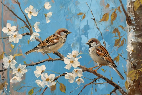 Two Birds on Tree with White Flowers Vertical Oil Painting - Autumn Sparrows Forest Art