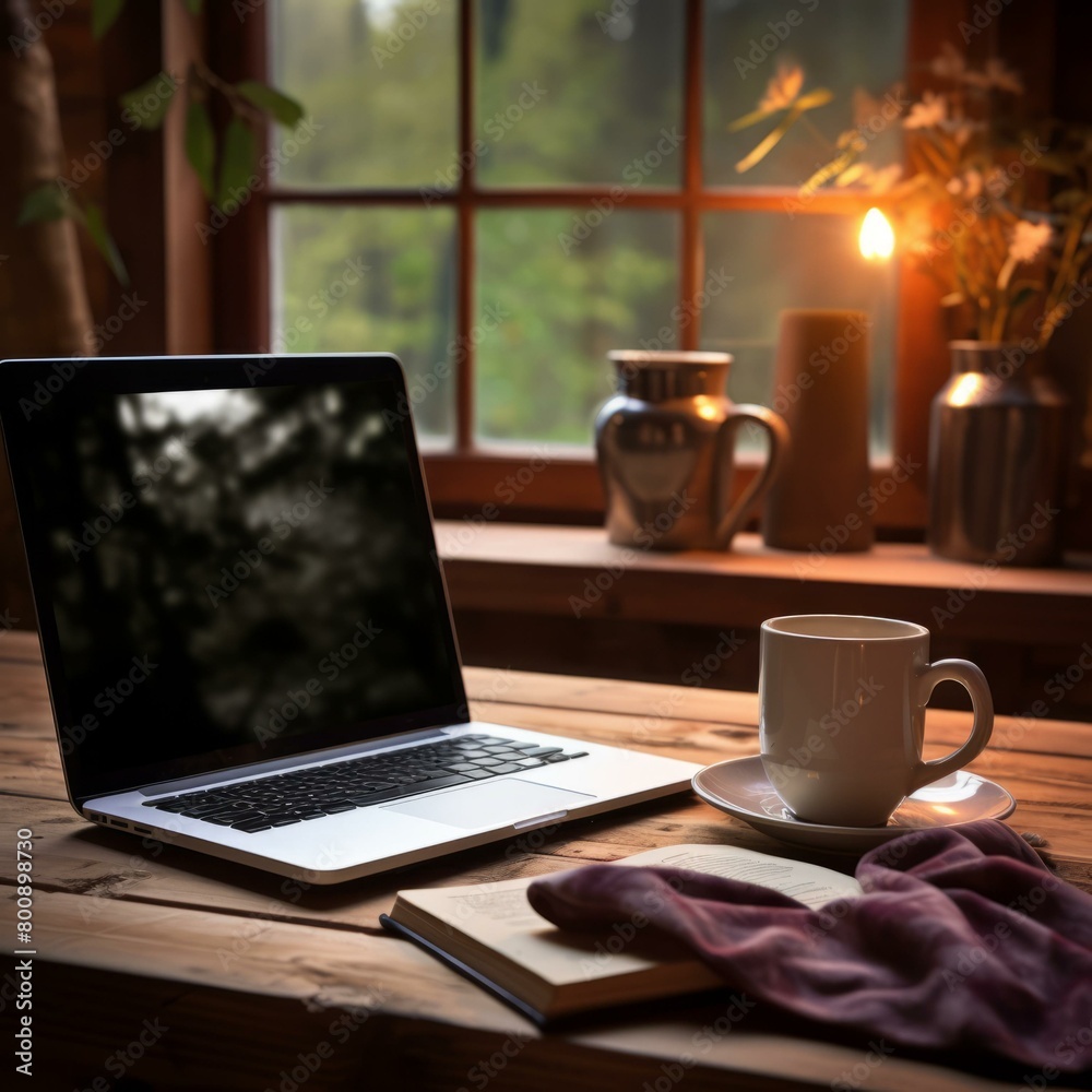 cozy cabin writing space with laptop computer and cup of coffee cozy cabin writing space with laptop computer and cup of coffee