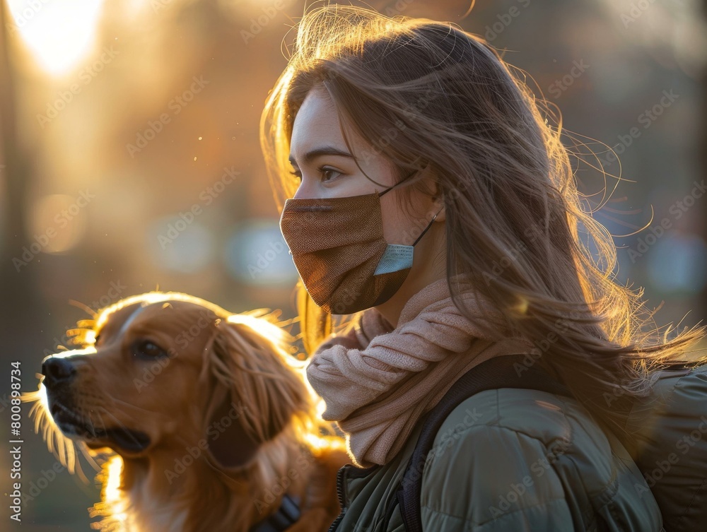 A young woman wearing a mask is walking her dog in the park