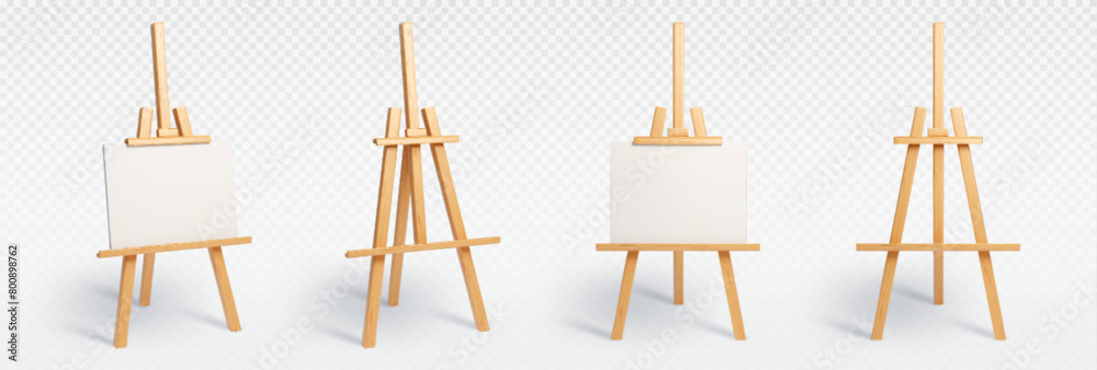 Obraz premium Wood easel stand with art board isolated vector mockup. 3d painter canvas tripod for display artist drawing in gallery exhibition. Whiteboard object for creative studio class realistic equipment set