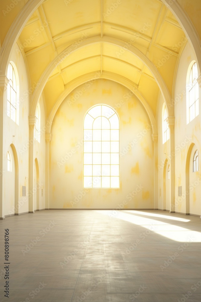 Bright empty church interior with large arched windows