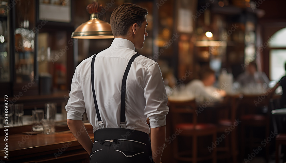 Young man in suspenders standing at the bar counter in the restaurant back view