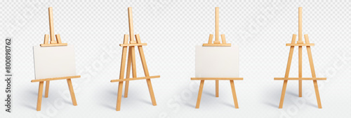 Wood easel stand with art board isolated vector mockup. 3d painter canvas tripod for display artist drawing in gallery exhibition. Whiteboard object for creative studio class realistic equipment set photo