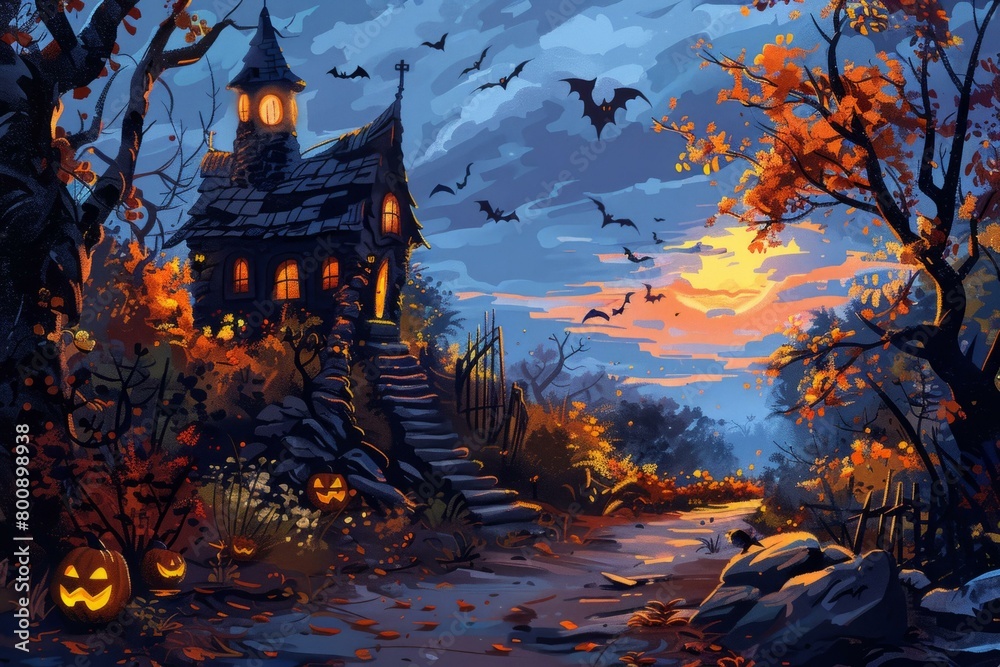 Spooky Halloween Haunted House With Pumpkins And Bats