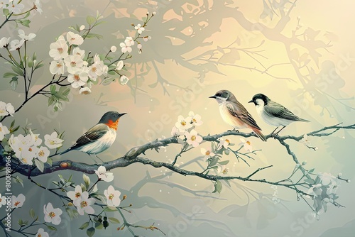 Colorful Morning Serenity: Vertical Oil Painting of Two Birds with White Flowers on a Tree Digital Artwork © Michael