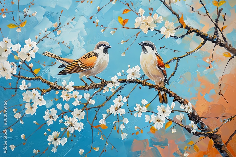 Autumn Birds: Vertical Oil Painting Printable Art with White Flowers and Sparrows Autumn Birds: Vertical Oil Painting Printable Art with White Flowers and Sparrows