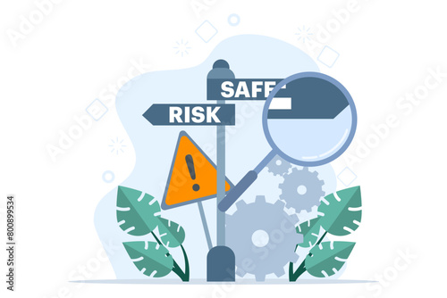 risk Management concept, magnifying glass for making decisions and choices. Way of life and career. choose the risk or security path. Smart people think to choose the right path. vector illustration.