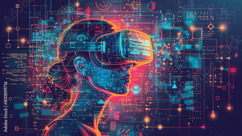 Illustration of a person immersed in virtual reality with a futuristic headset, surrounded by digital and holographic interface elements, Ai And IoT