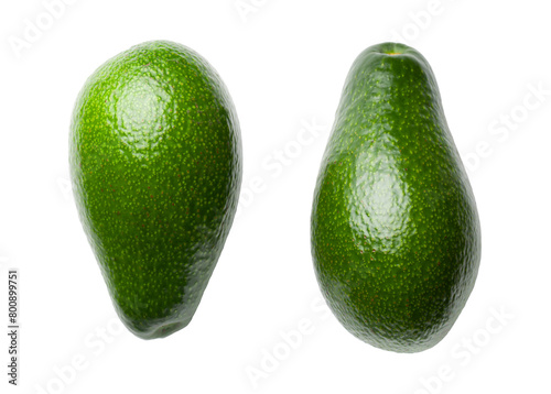 Bright, green avocados on a white, isolated background. Top view. Transparent PNG