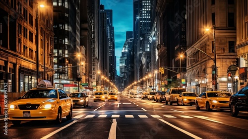 New York City street scene with yellow taxis at night