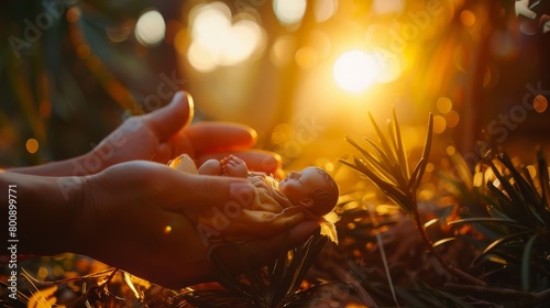 Nativity Of Jesus - Scene With The Holy Family With Comet At Sunrise Nativity hands with palm up over blurred cross Christmas concept 