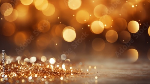 Golden glitter sparkles on a dark brown background with a wooden floor.