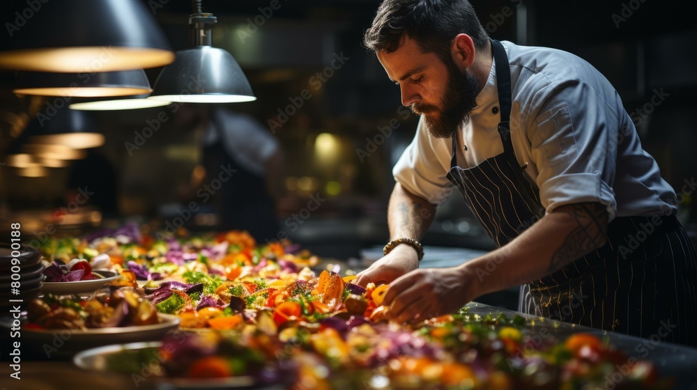 Chef carefully preparing a dish in a commercial kitchen Chef carefully preparing a dish in a commercial kitchen