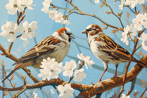 Vertical Oil Painting: Two Birds with White Flowers on Tree - Scenic Morning Scene