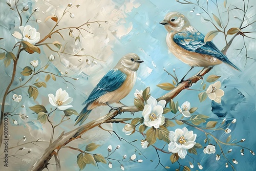 Vertical Blue and Beige Birds Oil Painting Printable Art - Autumn Morning Landscape with White Flowers and Tree Branch Digital Art © Michael