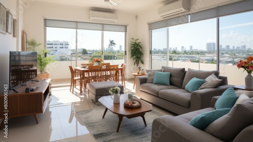 Bright and Airy Modern Living Room With Dining Area and Balcony © Adobe Contributor