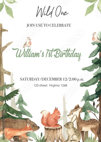 Watercolor birthday invitation with cute forest animals, fox, bear, deer, fir, trees, plants for baby cards, invitations, baby showers, nursery