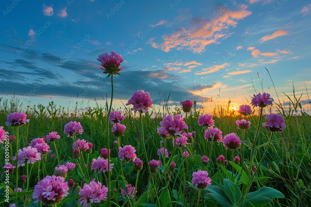 Sunset Serenity: Pink Wildflowers in Nature's Meadow under a Blue Sky