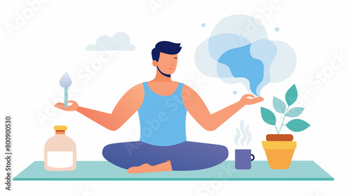 During a yoga session a man sets the mood with the delicate aroma of rose and jasmine essential oils to promote relaxation and mindfulness..