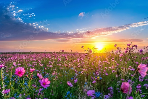 Pink Wildflowers Sunset Serenity: Blue Sky Meadow Scene