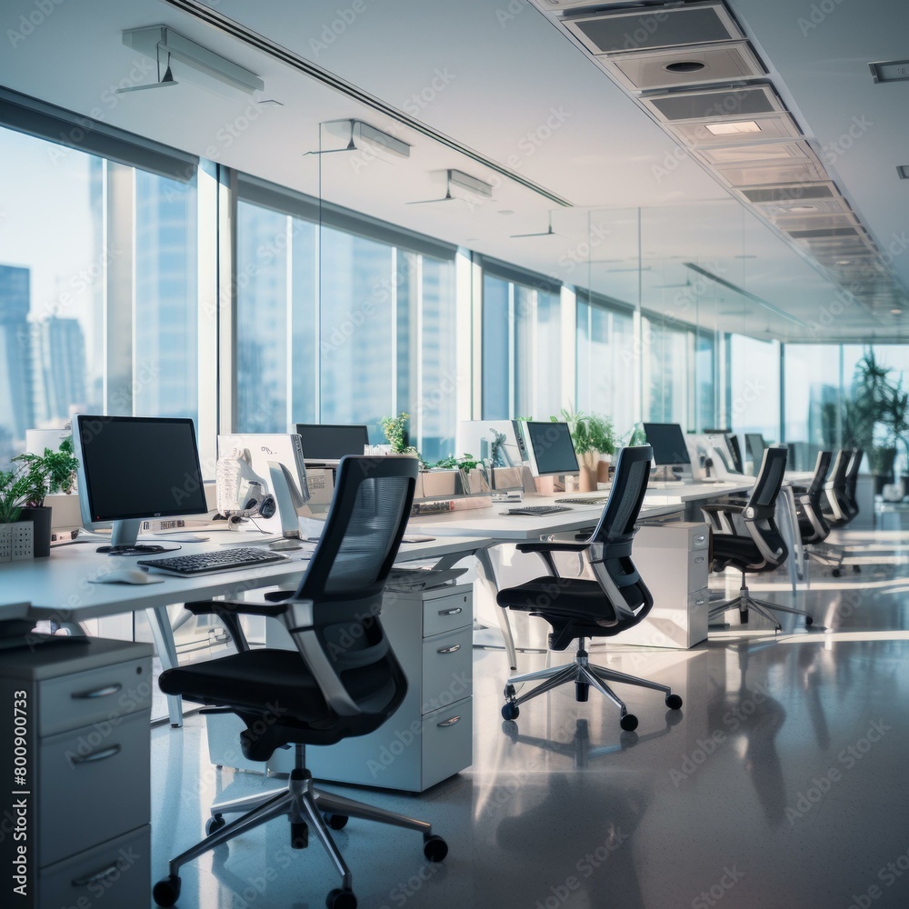 Modern office interior with empty workstations and large windows