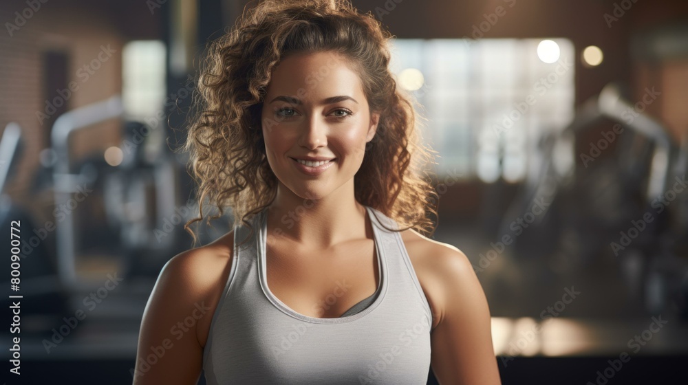 Portrait of a young woman with curly hair smiling in a fitness studio