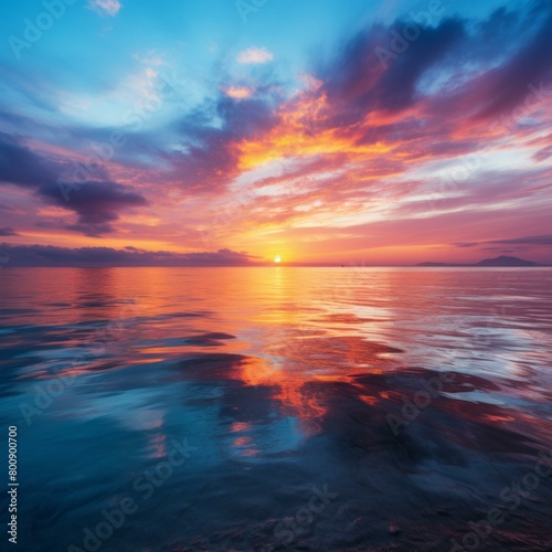 colorful cloudscape over calm sea at sunset