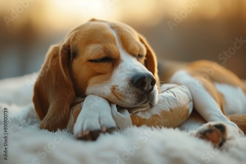 Beagle dog sleeping on a white blanket in the sunlight © Adobe Contributor