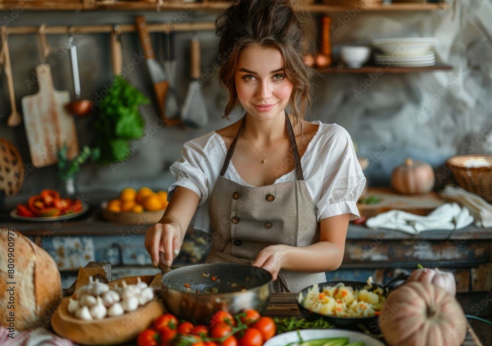 Young woman is cooking in the kitchen