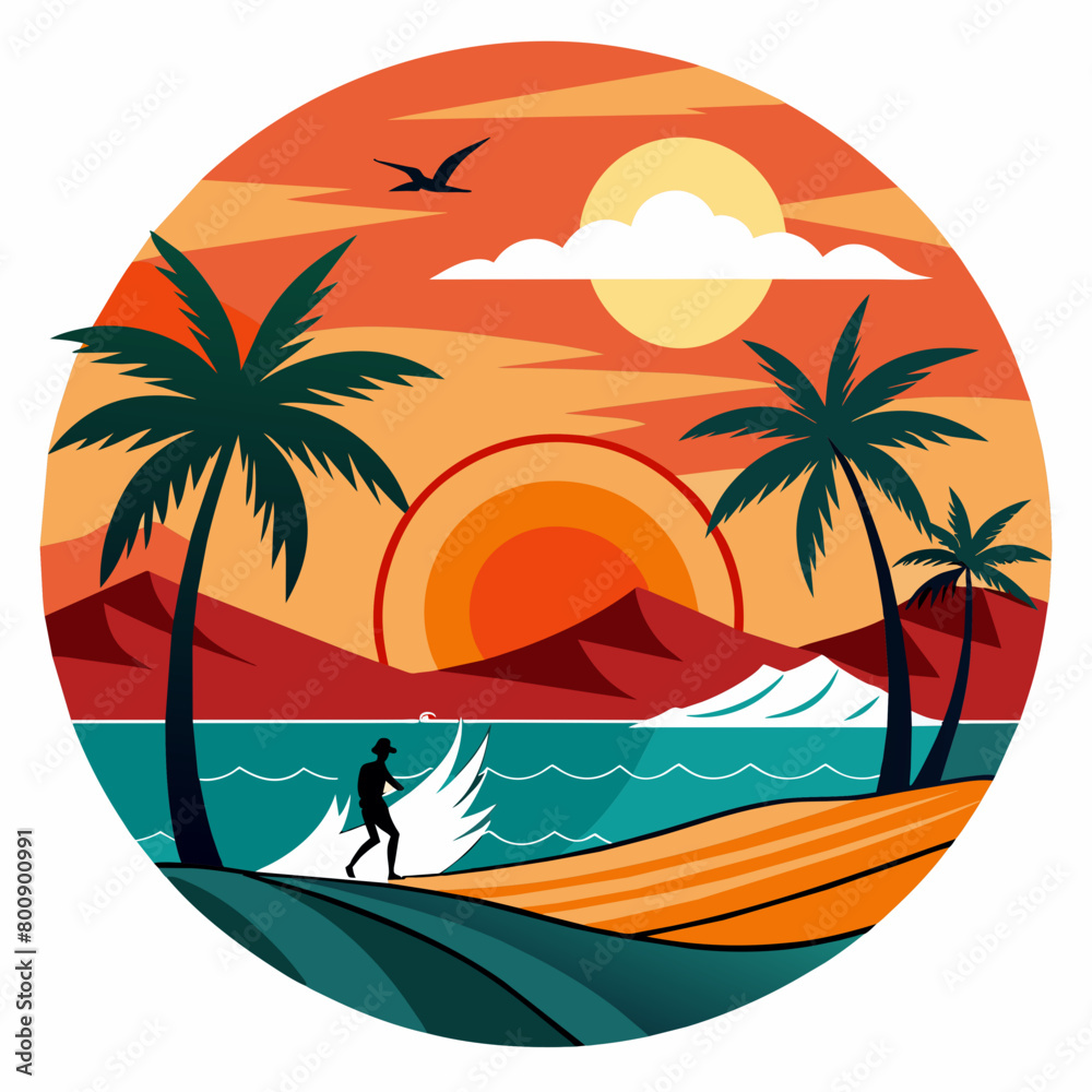 surfer on the beach silhouette vector art illustration with white background, Summer t shirt