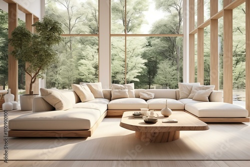 A modern living room with a large sectional sofa and a coffee table