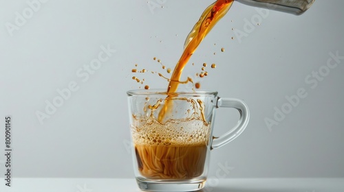 A glass cup pouring hot caffeine over white background