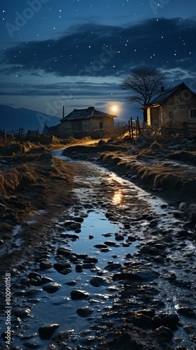 Country road in mountain valley at night photo