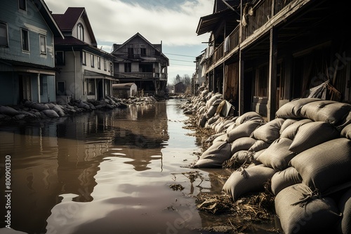 Flood-ravaged town with sandbagged houses photo