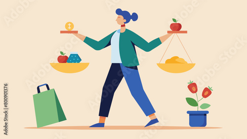 A person juggling a shopping bag full of luxuries and a bag of groceries on a seesaw trying to find a middle ground between wants and needs.