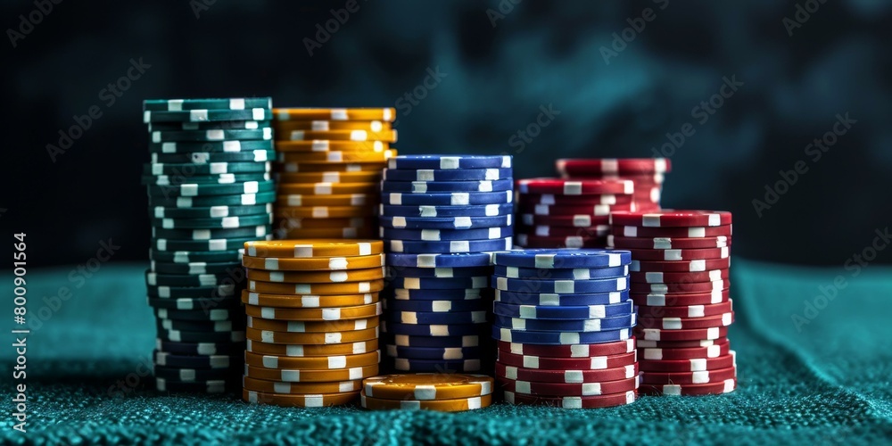 Stacks of casino chips in green, yellow, blue and red colors on a green table