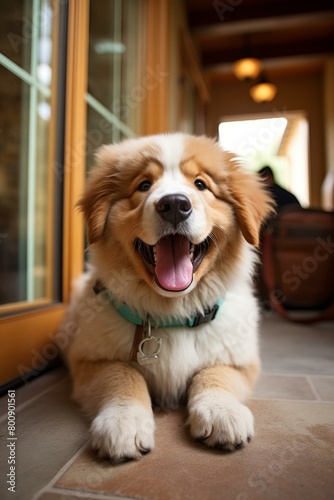 A fluffy brown and white puppy dog with a blue collar is lying on the floor and looking at the camera with a happy expression on its face