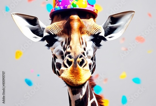 'Birthday AI illustration giraffe colorful party pet decoration. confetti prty hat. portrait Cute animal anniversary balloon blower blue card carnival celebrate celebration cheerful co'