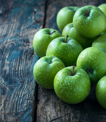 Fresh green apples on a wooden table photo