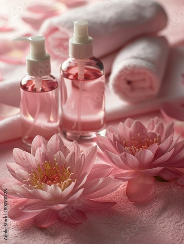 Spa day with pink flowers and water