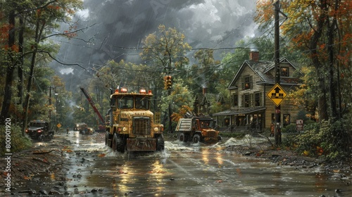 Depict cranes and forklifts operating in the aftermath of a severe weather event, with emergency lights illuminating the darkness as photo
