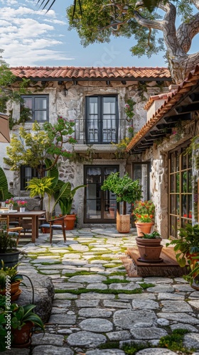Courtyard of a Spanish style house with stone tiles and lots of plants