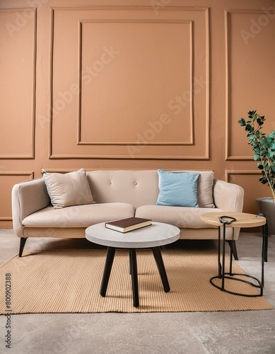Luxury living room in warm colors. Brown beige walls  light gray lounge furniture -sofa  table. Empty background microcement for art. Rich interior design. Mockup room office reception. 3d  Ai Generat