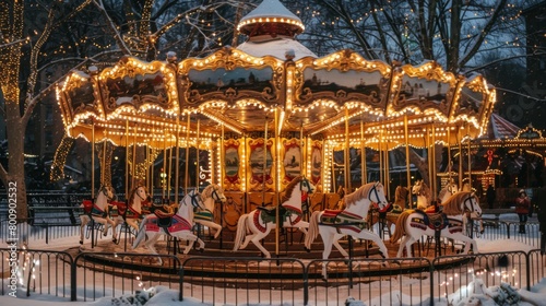 Design a festive Christmas background with a colorful carousel, adorned with twinkling lights and holiday decorations.