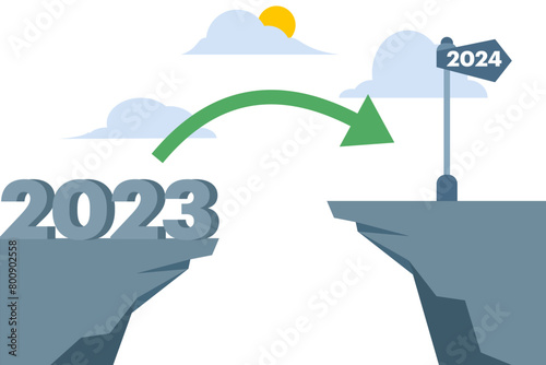 ambitious to jump the gap from the old year 2023 to 2024, happy new year 2024, hope for business success, resolutions or opportunities in this year, motivation and enjoyment of work. vector.
