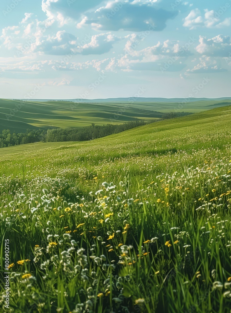 Green rolling hills with flowers