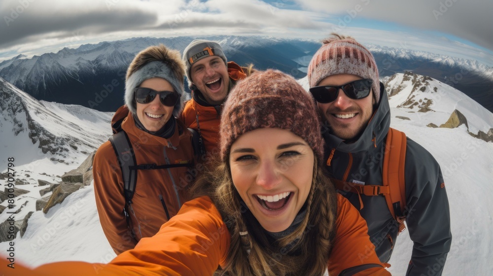 Four friends on a snowy mountaintop