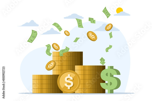 concept of Success and Making Big Profits. success with soaring money. profit. Big income, salary. make a lot of money. Stack of dollar coins. Winner with prize. Vector illustration.