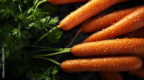 Fresh carrots with green leaves on a black background photo