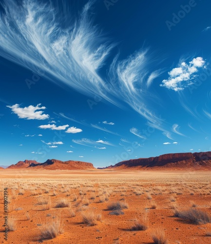 A vast arid desert landscape with blue sky and wispy clouds